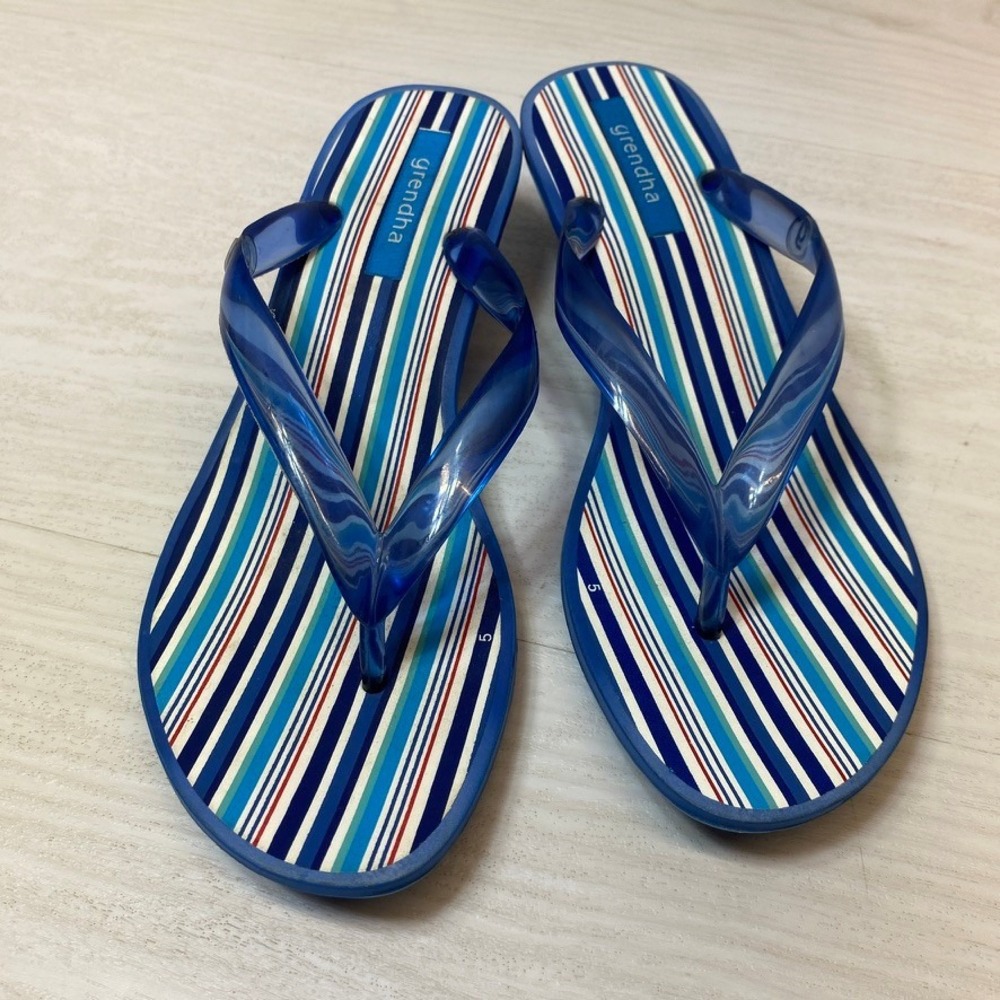 Grendha Womens Size 6 Jelly Sandals Kitten Heel Blue Striped y2k Thong Sandals